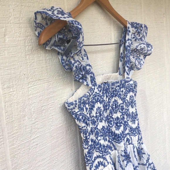 Zara Openwork embroidered floral eyelet Blue and White ruffle sleeves Maxi Dress - Picture 9 of 16